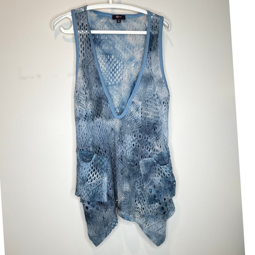 Blue Crochet Lace Sleeveless Vest Boho Coastal Festival Western Sheer Knit Top S - Picture 2 of 7
